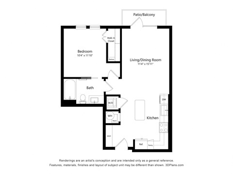 Floor plan for 1 bed, 1 bath, 689 sqft